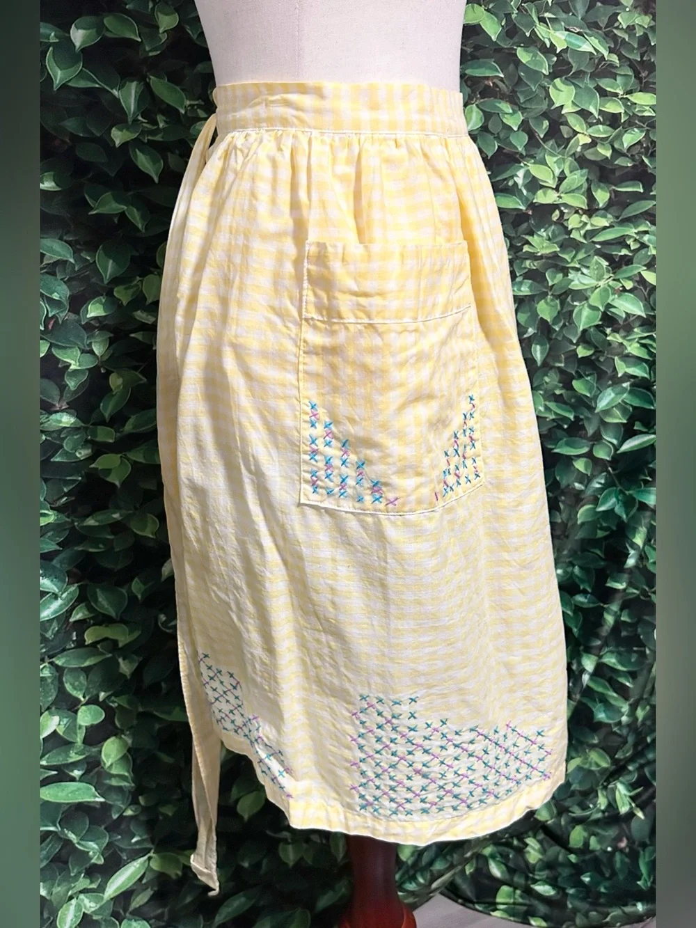 Vintage Handmade Checkered Half Apron Yellow Embroidered Pattern Cotton